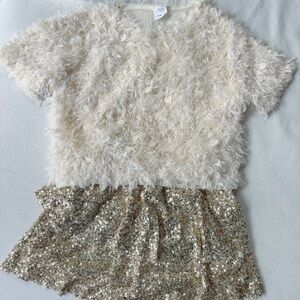 Zara Girl Beige Textured Top and Glittering Skirt Set 8-9